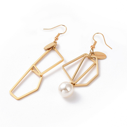Ion Plating(IP) 304 Stainless Steel Geometry Dangle Earrings with Plastic Pearl, Asymmetrical Earrings for Women
