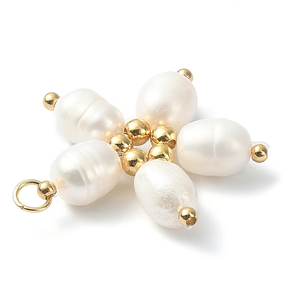 Natural Freshwater Pearl Pendants, Flower Charms with Golden Tone Brass Beads and 304 Stainless Steel Jump Rings