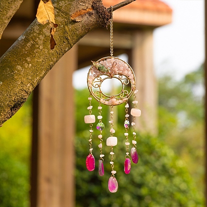 Atrapasueños colgantes redondos de piedras preciosas naturales, con cuentas de vidrio, anillo de hierro y alambre de latón para decoración de exteriores y jardines.