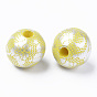 Painted Natural Wood European Beads, Large Hole Beads, Printed, Round with Flower Pattern