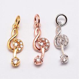 Brass Pendants, Micro Pave Grade AAA Cubic Zirconia, Musical Note, Cadmium Free & Nickel Free & Lead Free