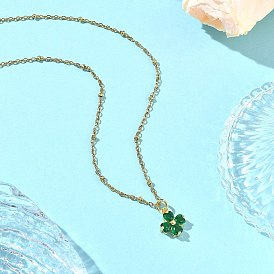 Saint Patrick's Day Brass Pave Cubic Zirconia Green Four-Leaf Clover Pendant 304 Stainless Steel Satellite Chain Necklaces