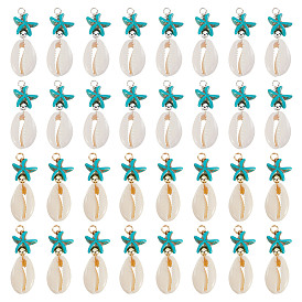 40шт. 2 цвета подвески в виде морской звезды из натуральной ракушки каури и синтетической бирюзы, подвески в форме ракушки с латунными бусинами, бирюзового цвета