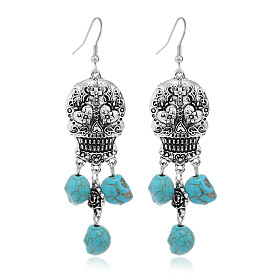Alloy Skull Long Dangle Earrings with Synthetic Turquoise, Halloween Iron Jewelry for Women, Antique Silver
