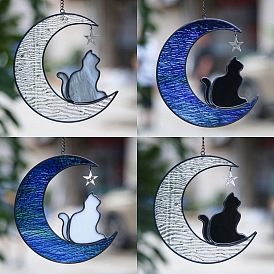 Décorations murales en verre, pour la décoration, lune avec chat