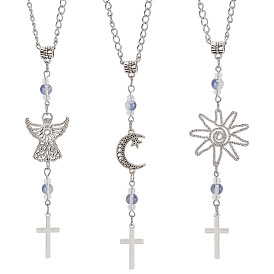 3шт. крестообразные сплавные и стеклянные подвесные украшения, с железной цепью, для автомобильных подвесных украшений, солнце и луна и ангел