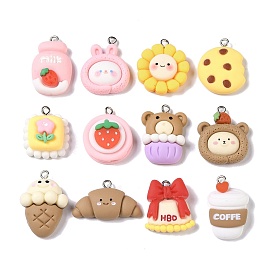 Opaque Resin Pendants, Cartoon Charms with Platinum Plated Iron Loops, Flower/Food/Drink/Ice Cream/Rabbit/Bear/Strawberry