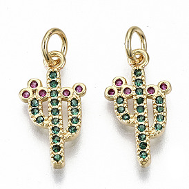 Brass Micro Pave Green Cubic Zirconia Pendants, with Jump Rings, Nickel Free, Cactus
