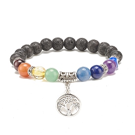 Natural Lava Rock and Natural Stone Stretch Bracelets, with Elastic Crystal Thread, Alloy Beads and Lampwork Bead