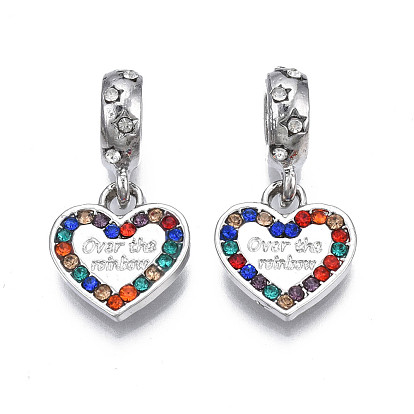 Rack Plating Alloy European Dangle Charms, with Rhinestone, Large Hole Pendants, Cadmium Free & Nickel Free & Lead Free, Platinum, Heart with Word Over the Rainbow