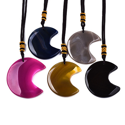 Natural Agate Pendant Necklaces, with Random Color Polyester Cords, Dyed, Moon