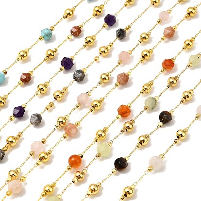 Круглые цепочки из граненых бусин из драгоценных камней ручной работы, пайки, с латунной бисера, долговечный, с катушкой, золотые
