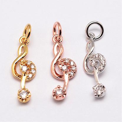 Brass Pendants, Micro Pave Grade AAA Cubic Zirconia, Musical Note, Cadmium Free & Nickel Free & Lead Free