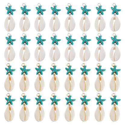 40шт. 2 цвета подвески в виде морской звезды из натуральной ракушки каури и синтетической бирюзы, подвески в форме ракушки с латунными бусинами, бирюзового цвета