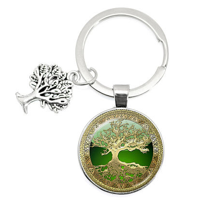 Glass Keychains, Flat Round with Tree of Life Charms