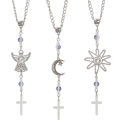 3шт. крестообразные сплавные и стеклянные подвесные украшения, с железной цепью, для автомобильных подвесных украшений, солнце и луна и ангел