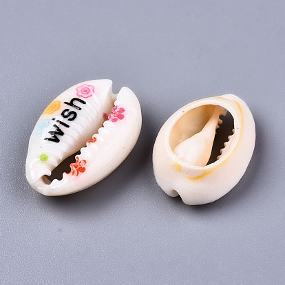 Printed Natural Cowrie Shell Beads, No Hole/Undrilled, with Word & Flower Pattern