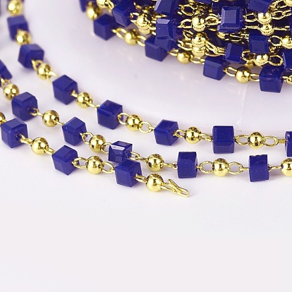 Handmade Glass Beaded Chains, Soldered, with Brass Findings, with Spool, Long-Lasting Plated, Cube
