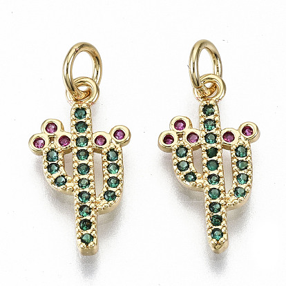 Brass Micro Pave Green Cubic Zirconia Pendants, with Jump Rings, Nickel Free, Cactus