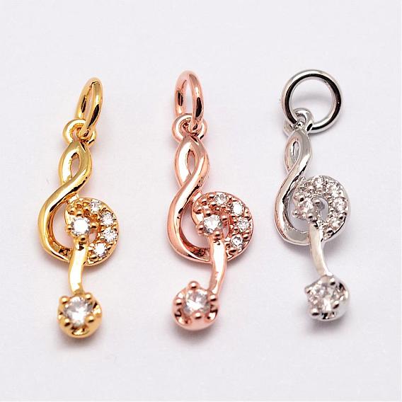Brass Pendants, Micro Pave Grade AAA Cubic Zirconia, Musical Note, Cadmium Free & Nickel Free & Lead Free
