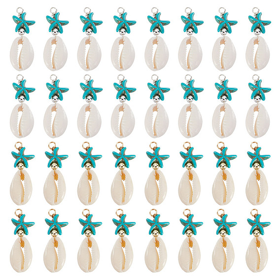 40шт. 2 цвета подвески в виде морской звезды из натуральной ракушки каури и синтетической бирюзы, подвески в форме ракушки с латунными бусинами, бирюзового цвета