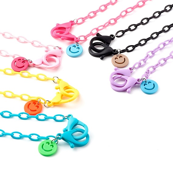 Personalized Acrylic Cable Chain Necklaces, Handbag Chains, with Smiling Face Pendants and Plastic Lobster Claw Clasps