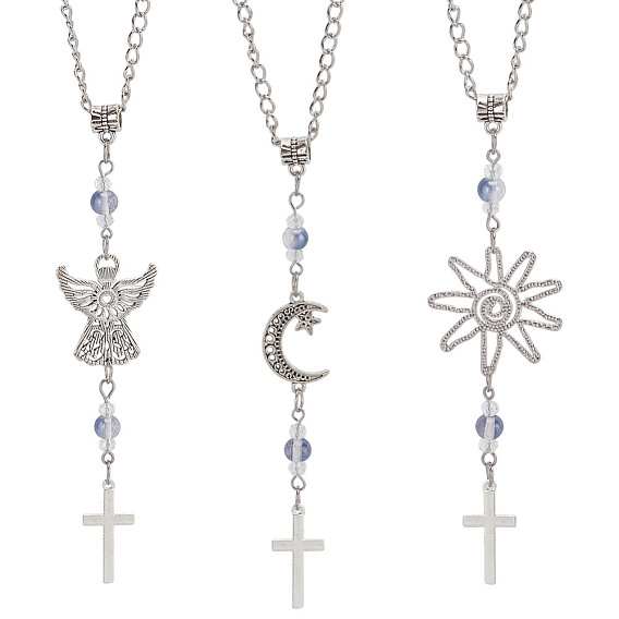 3шт. крестообразные сплавные и стеклянные подвесные украшения, с железной цепью, для автомобильных подвесных украшений, солнце и луна и ангел