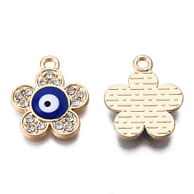 Alloy Enamel Pendants, with Crystal Rhinestone, Light Gold, Cadmium Free & Lead Free, Flower Charms with Evil Eye