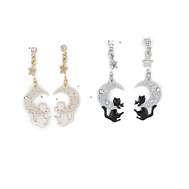 Эмалированные серьги-гвоздики в виде кота с луной и кристаллами и стразами, серьги-подвески из латуни с 925 булавками из стерлингового серебра для женщин