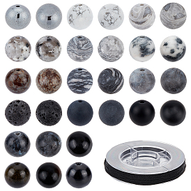 225Pcs 15 Style Natural & Synthetic Gemstone Beads, Round, with 1 Roll Nylon Thread for Jewelry Making