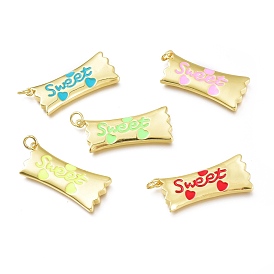 Real 18K Gold Plated Brass Enamel Pendants, Long-Lasting Plated, with Jump Rings, Lead Free & Cadmium Free, Rectangle with Word Sweet