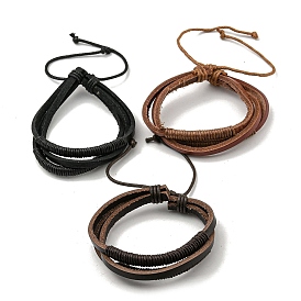 PU Leather & Waxed Cord Triple Layer Multi-strand Bracelet, Braided Adjustable Bracelet