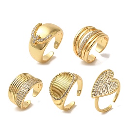 Brass Micro Pave Cubic Zirconia Open Cuff Rings for Women, Long-Lasting Plated, Cadmium Free & Lead Free, Real 18K Gold Plated