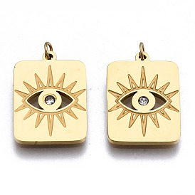 304 Stainless Steel Pendants, with Jump Rings and Rhinestone, Rectangle with Eye