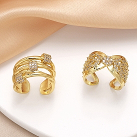 Brass Micro Pave Clear Cubic Zirconia Open Cuff Rings for Women