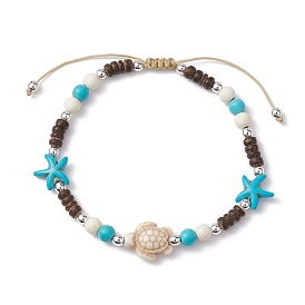 Starfish & Tortoise Synthetic Turquoise Braided Bead Anklets, Nylon Cord Adjustable Bracelets