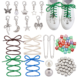 Шнурки из полиэфирного шнура и железные броши, с подвесными украшениями из акрила, пластика и сплава, имитирующими жемчуг, разнообразные, платина