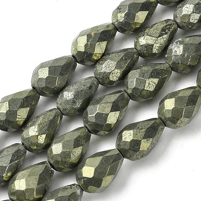 Natural Pyrite Beads Strands, Faceted Teardrop