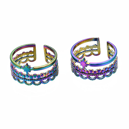 Star Cuff Rings, Hollow Wide Open Rings, Rainbow Color 304 Stainless Steel Ring for Women