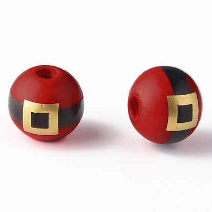 Painted Natural Wood Beads, Round with Belt, Christmas Style