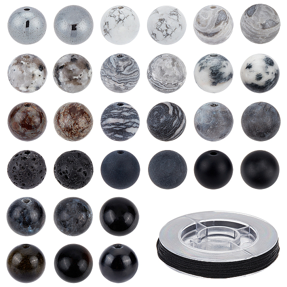 225Pcs 15 Style Natural & Synthetic Gemstone Beads, Round, with 1 Roll Nylon Thread for Jewelry Making
