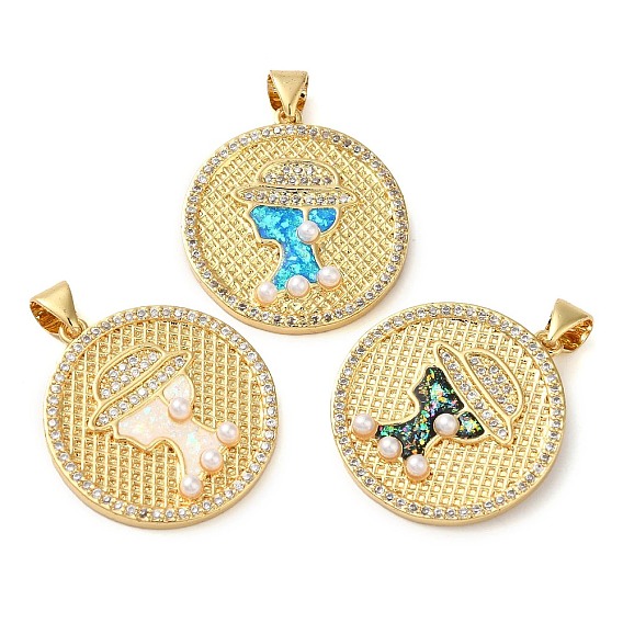 Rack Plating Brass Micro Pave Cubic Zirconia Pendants, with Plastic Pearl Beads, Cadmium Free & Lead Free, Long-Lasting Plated, Real 18K Gold Plated