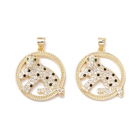 Brass Micro Pave Colorful Cubic Zirconia Pendants, Flat Round with Leopard