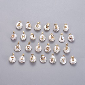 Pendentifs de perles d'eau douce de culture naturelle, avec accessoires zircon cubique micro pave en laiton, pépites avec lettre, plaqué longue durée