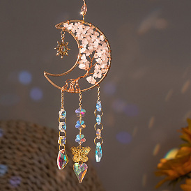 Moon with Tree of Life Natural Rose Quartz Chip Pendant Decorations, Hanging Suncatchers, with Glass Heart/Diamond and Metal Butterfly Link, for Home Car Decorations