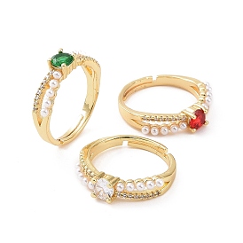 Real 18K Gold Plated Brass Micro Pave Cubic Zirconia Rings, Glass Rhinestone and Plastic Imitation Pearl Adjustable Rings for Women