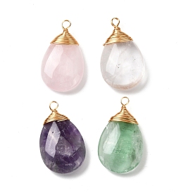 Natural Mixed Stone Pendants, with Real 18K Gold Plated Eco-Friendly Copper Wire, Teardrop