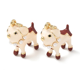 Brass with Enamel & ABS Plastic Imitation Pearl Pendants, Dog Charms, Rack Plating, Long-Lasting Plated, Cadmium Free & Lead Free, Real 18K Gold Plated