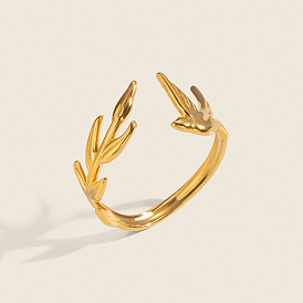 304 Stainless Steel Cuff Open Rings for Women, Leaf with Pigeon