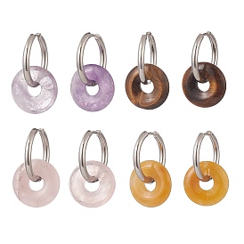 Natural Gemstone Pi Disc/Donut Dangle Hoop Earrings, 304 Stainless Steel Jewelry for Women